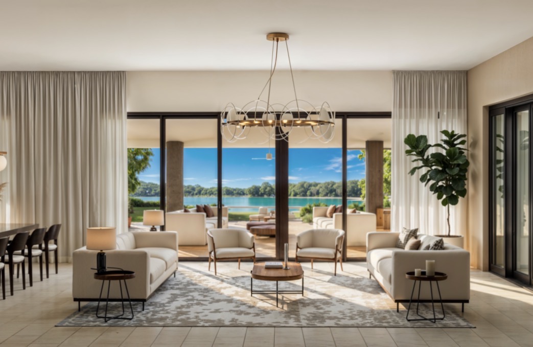 Sala principal con vista al lago