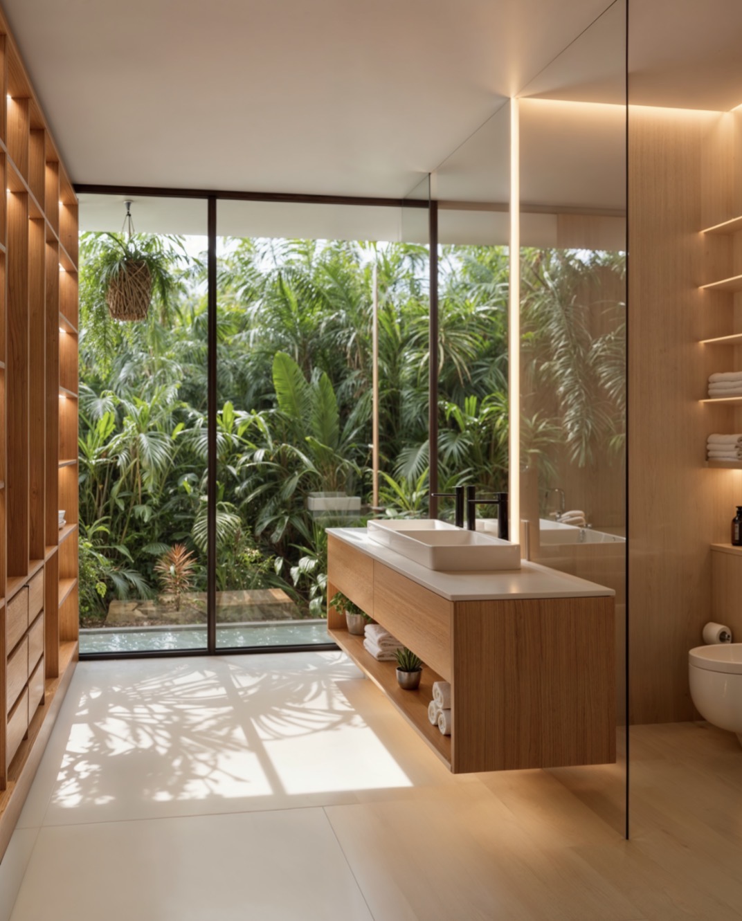 Baño con vista al jardín tropical
