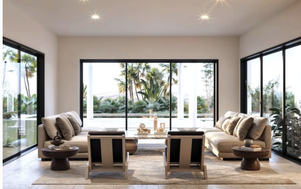 Sala principal con ventanales al jardín
