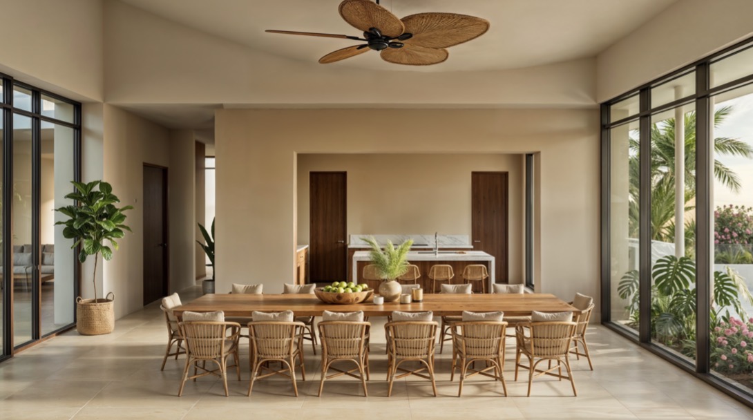 Comedor amplio con ventilador de palma