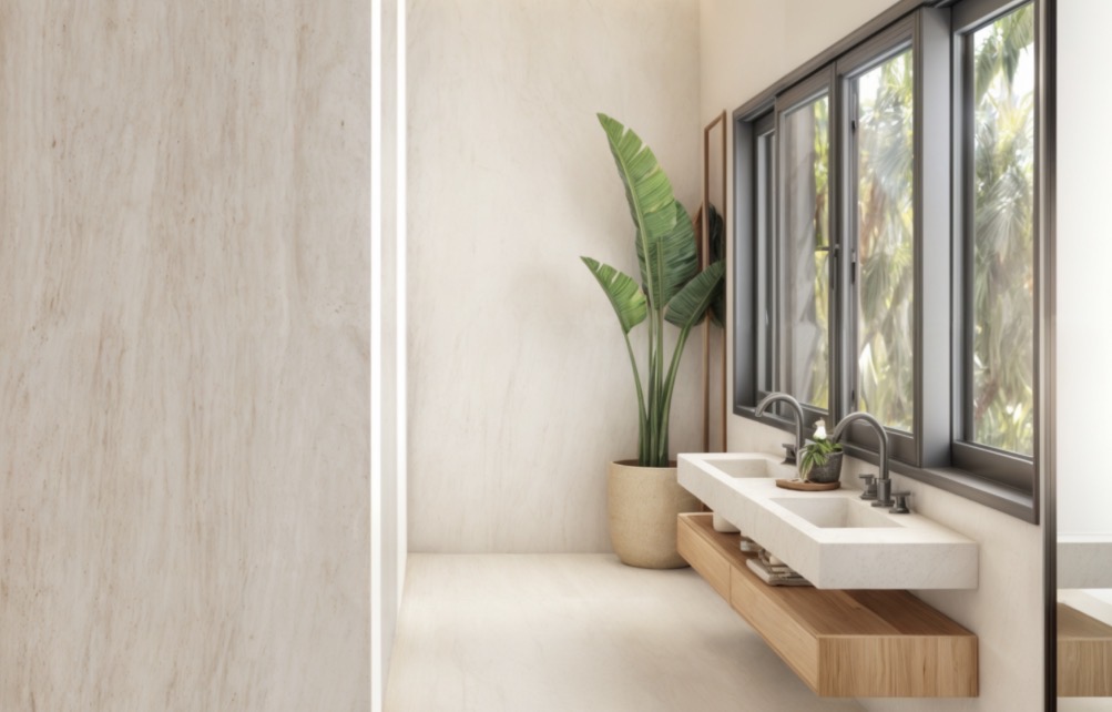 Baño con doble lavamanos y vista tropical