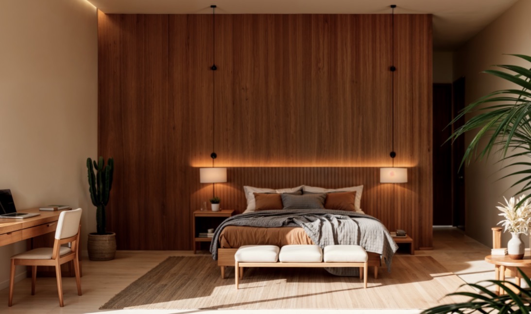 Habitación principal con detalles en madera